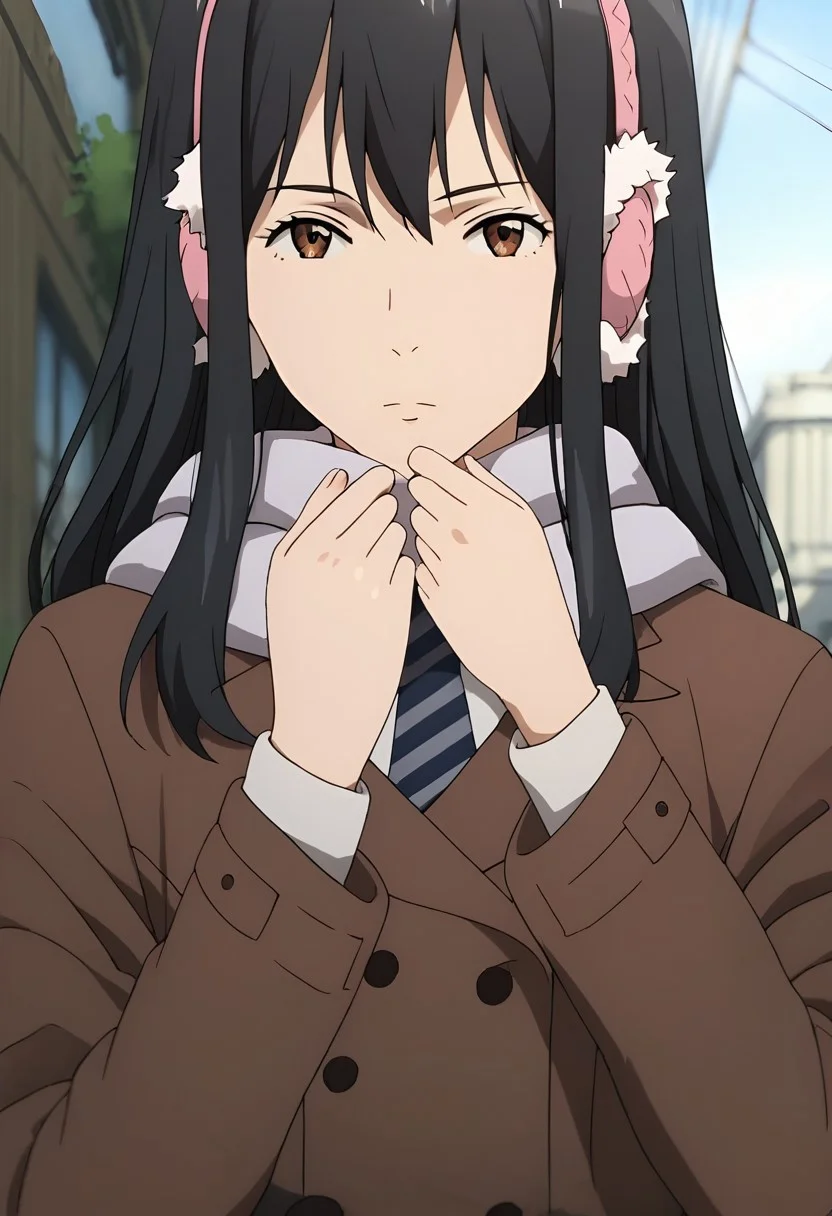 score_9, score_8_up, score_7_up, score_6_up, score_5_up, 1girl, KanaKimishima, black hair, long hair, brown eyes, bangs, pink earmuffs, necktie, grey scarf, brown coat, black skirt, pleated skirt, sexy, female focus, fantasy, expressive, skindentation, skinny, 1female, masterpiece, 32K HD, beautiful attention to detail, detailed eyes, shiny skin, showing lots of skin, wide lens, perfect hands, perfect eyes, ((2d)), anime, source anime, flat shadows, flat colors, looking at viewer, standing, clothed female, uncensored , ((feet out of frame)), outdoors, close up, upper body, cowboy shot