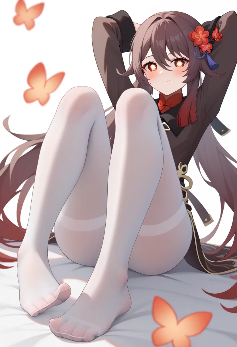 score_9,score_8_up,score_7_up,<lora:hu_tao_(genshin_impact)_pony:1>,highres,1girl,simple_background,white_background,blush,no_shoes,hu_tao_\(genshin_impact\),legs,solo,looking_at_viewer,white_pantyhose,hair_flower,absurdres,:3,shirt_partially_removed,feet,long_sleeves,white_shirt,