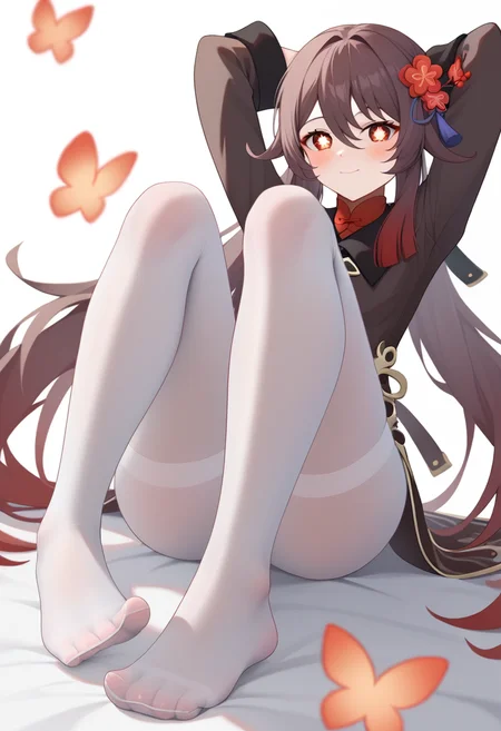 score_9,score_8_up,score_7_up,<lora:hu_tao_(genshin_impact)_pony:1>,highres,1girl,simple_background,white_background,blush,no_shoes,hu_tao_\(genshin_impact\),legs,solo,looking_at_viewer,white_pantyhose,hair_flower,absurdres,:3,shirt_partially_removed,feet,long_sleeves,white_shirt,