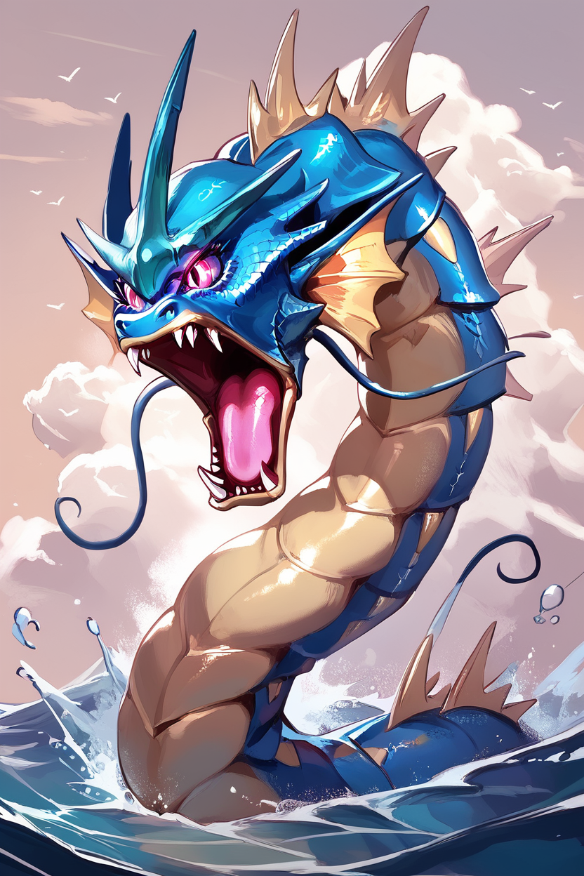 score_9, score_8_up, score_8,  ,,,  zzGyarados, open mouth, cloud, water, glowing, fangs, sharp teeth, spikes, realistic, scales, beam, hyperbeam,   ,<lora:GyaradosPokedexPDXL_v3:0.8>,   ,,, ,,, embedding:zPDXL, Expressiveh, <lora:Expressive_H-000001:0.4>,  <lora:ProAnime_PDXL_v1:0.6>,