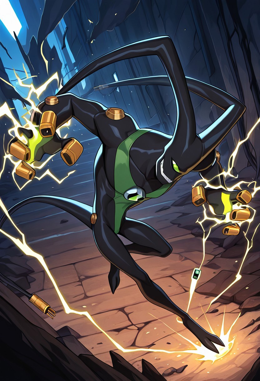 masterpiece, best quality, amazing quality, very aesthetic, absurdres, newest
feedback, solo, smile, , tail, 1boy, no humans, green eye, single eye, , digimon (creature), black skin, , alien, , , cables, , 
dynamic pose, electricity, electrocution,