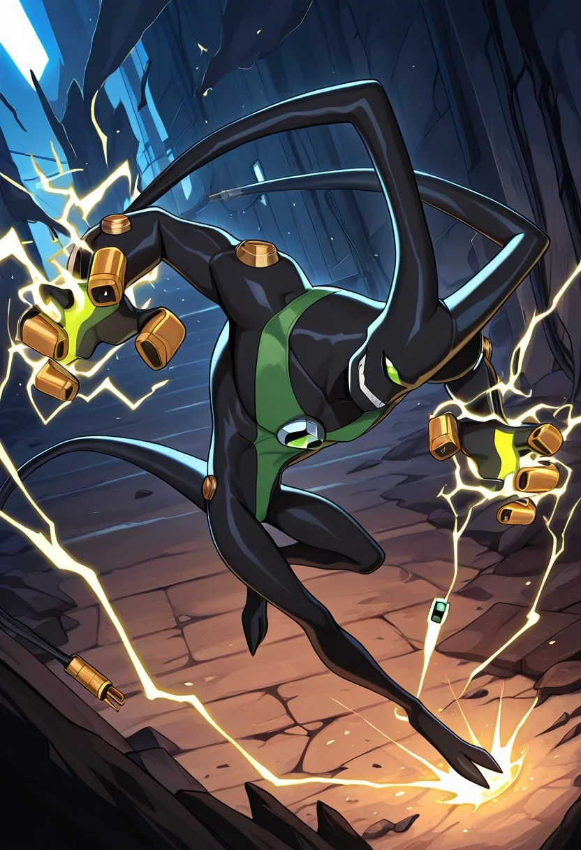 masterpiece, best quality, amazing quality, very aesthetic, absurdres, newest
feedback, solo, smile, , tail, 1boy, no humans, green eye, single eye, , digimon (creature), black skin, , alien, , , cables, , 
dynamic pose, electricity, electrocution,