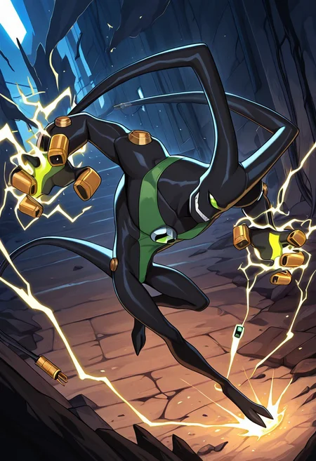 masterpiece, best quality, amazing quality, very aesthetic, absurdres, newest
feedback, solo, smile, , tail, 1boy, no humans, green eye, single eye, , digimon (creature), black skin, , alien, , , cables, , 
dynamic pose, electricity, electrocution,