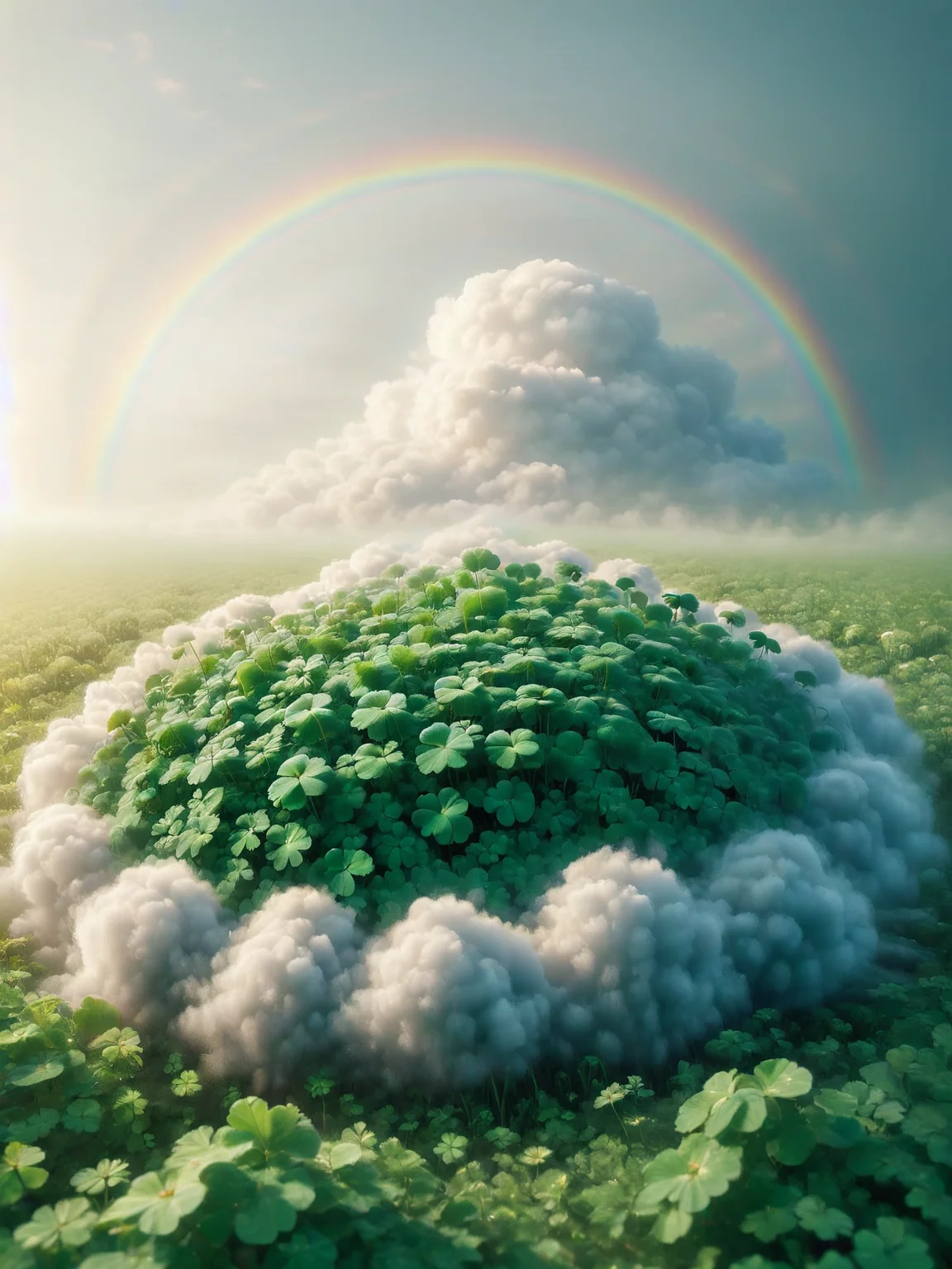 ais-cloudz four-leaf clover field under a rainbow in the early morning dew <lora:Cloudz_Style_SDXL:1>