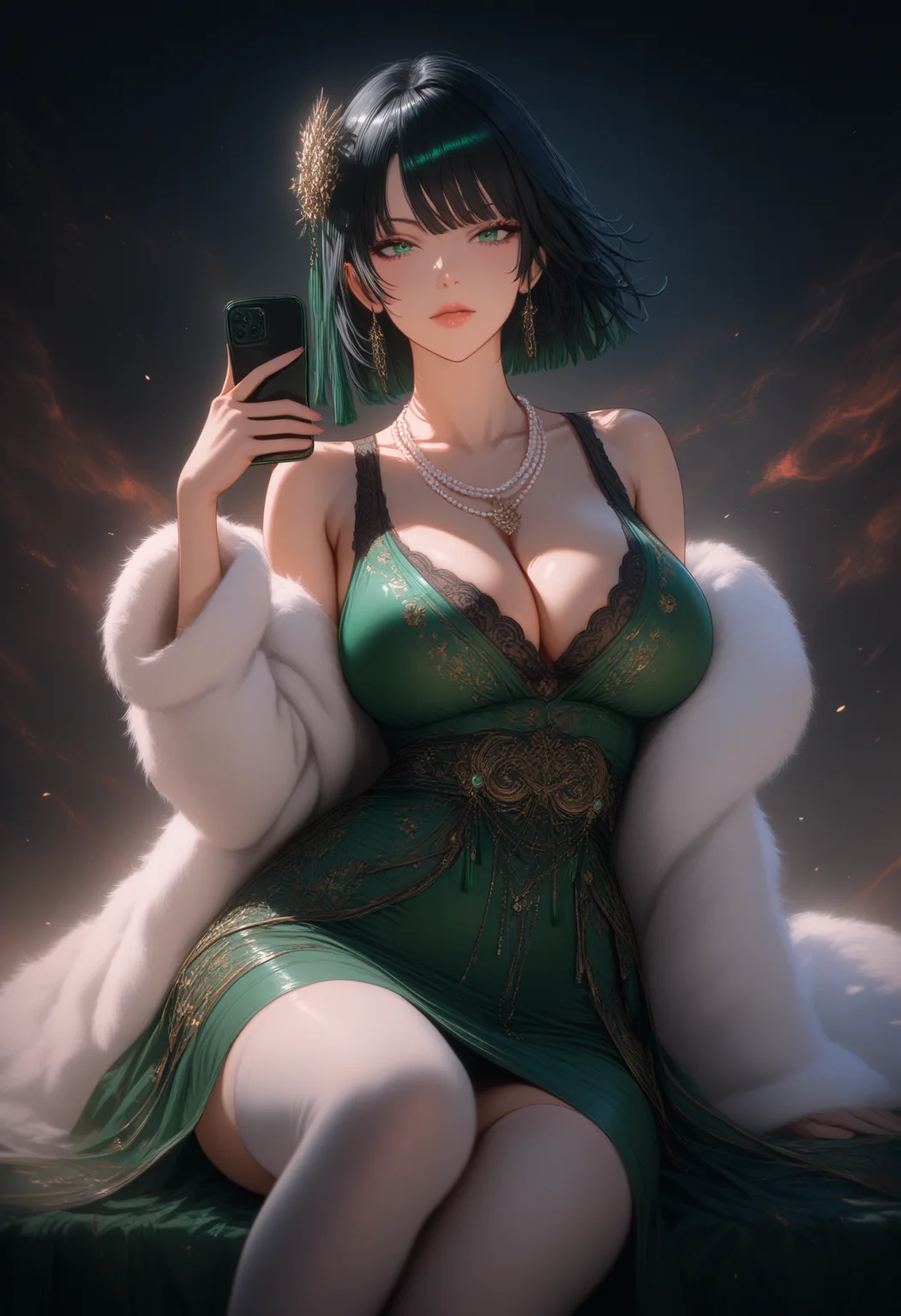 1girl,  1girl,bangs,black hair,breasts,cellphone,cleavage,dress,fubuki \(one-punch man\),fur coat,green dress,green eyes,ground vehicle,holding,holding phone,jewelry,large breasts,looking at viewer,necklace,pearl necklace,phone,realistic,short hair,sitting,smartphone,solo,thighhighs,ultra detailed,a detailed painting,sots art,. ,masterpiece,high score,great score,absurdres,, <lora:Waifu Style-Du Qiong:0.25>,Du Qiong,, <lora:Dark Concept Art-000005:0.0>,dark aura,dark,