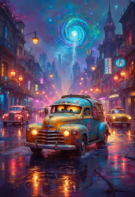A Disney style world, vehicles and objects are alive with eyes and mouths, a magical city, vibrant glow