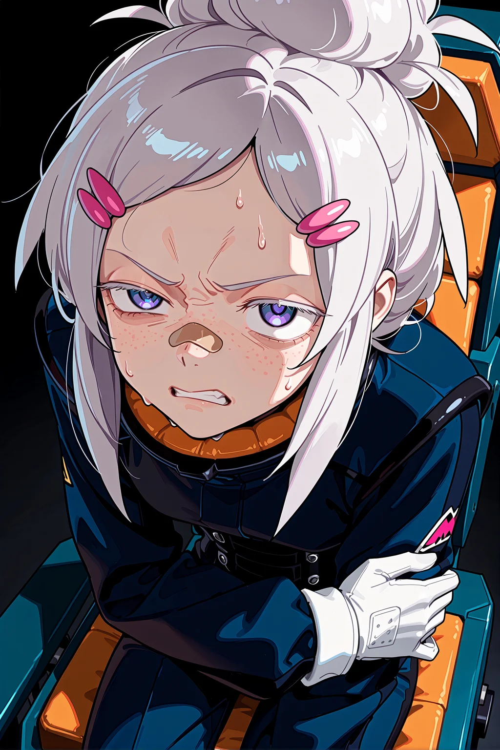 1girl, deux murasame, hairclip, purple eyes, white hair, bandaid on nose,
white gloves, sweat, dark blue clothes,
jitome, closed mouth, flustered, exhausted,
sitting, frown, angry, uneven eyes, clenched teeth, leaning forward, head up, hand on own arm,
black background, cockpit,
cowboy shot, looking up, dutch angle, face focus, <lora:deuxmurasameillv3.1:0.9>,, masterpiece, best quality, amazing quality, very aesthetic, absurdres, highres, newest,<lora:xl_saturation_slider:0.1> <lora:add-detail-xl:1> <lora:illustriousXLv01_stabilizer_v1.121:0.4> <lora:reduce_wrinkles_illstriouosv0.1_ADDifT_2_in_1_v1.2:0.9>