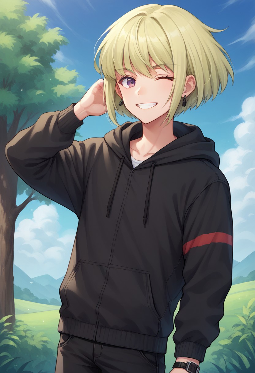 score_9, score_8_up, score_7_up, source_anime, highly detailed, 
lio, 1boy, male focus, purple eyes, solo, green hair, jacket, watch, wristwatch, hood, earrings, jewelry, blonde hair, black jacket, looking at viewer, androgynous, pants, hoodie, smile, wink,
day, blue sky, tree, clouds,