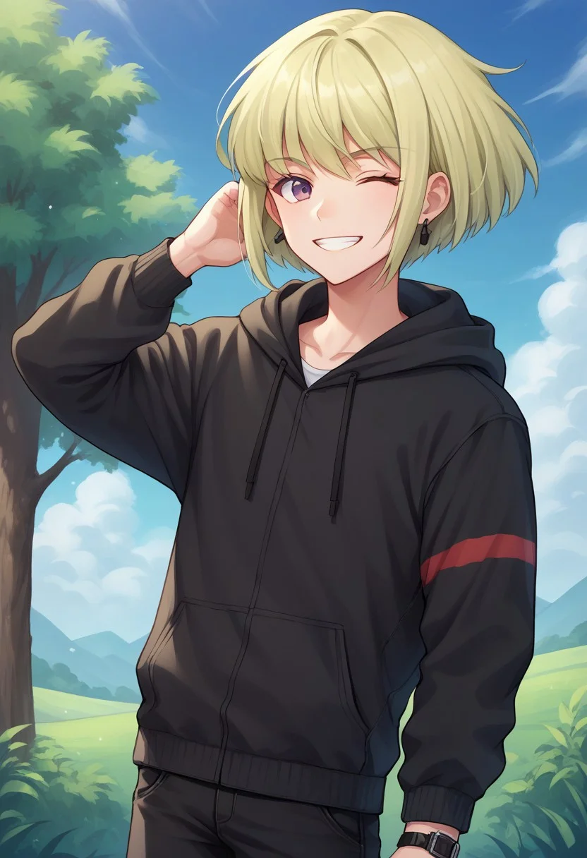 score_9, score_8_up, score_7_up, source_anime, highly detailed,
lio, 1boy, male focus, purple eyes, solo, green hair, jacket, watch, wristwatch, hood, earrings, jewelry, blonde hair, black jacket, looking at viewer, androgynous, pants, hoodie, smile, wink,
day, blue sky, tree, clouds,