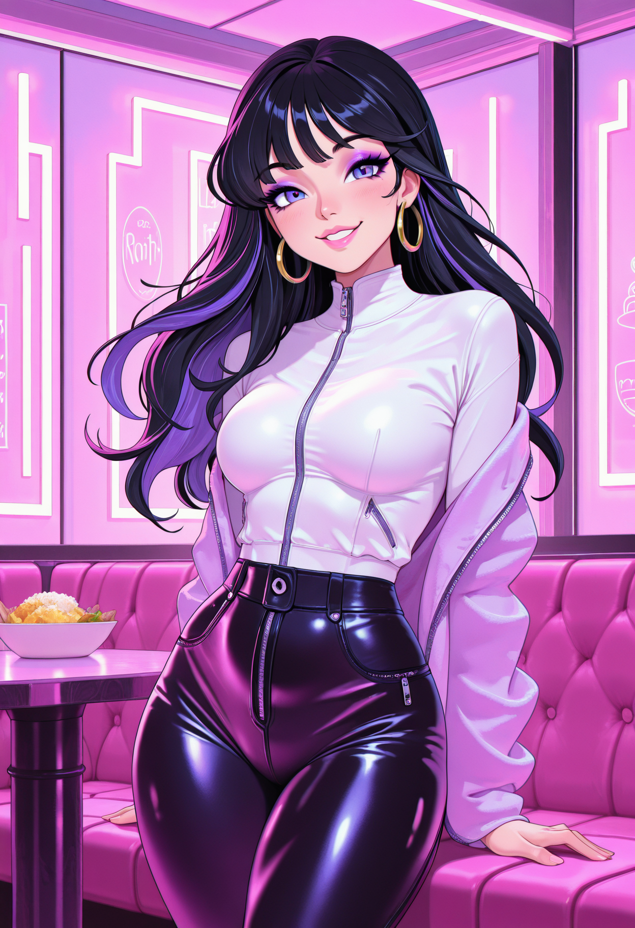 masterpiece, best quality, amazing quality, 1girl,, solo, ,,<lora:lavenderAndTeal_illustrious_byJaneB:1>, lavenderandteal,
black hair, long hair,, beautiful, pretty, cute, eyeliner, pink lips, parted lips, bangs, purple eyeshadow, medium breasts, , smile,, , ,two-tone hair, hoop earrings, jacket, leather pants, 
, restaurant, cute, , hair aside
