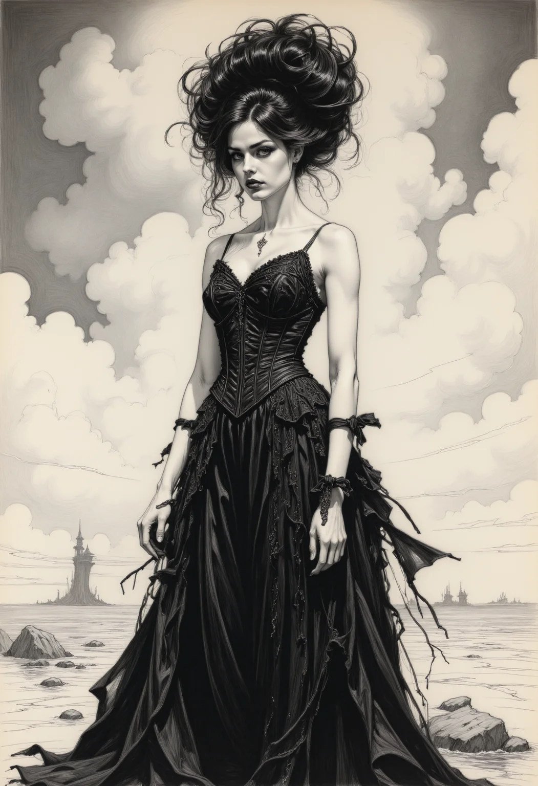 This is a monochrome pencil drawing showcases a striking, dark fantasy aesthetic. The central figure is a young woman with pale skin and long, dark hair that's styled into a high, elaborate updo. Her expression is solemn and intense, with piercing eyes that seem to pierce through the viewer. She wears a flowing, black gothic inspired sleeveless garment with intricate, tattered edges and a high neck giving a sense of movement and fragility. The background is a dramatic and somehow surrealistic and abstract., stormy sky filled with swirling clouds and scattering debris, enhancing the dark, moody atmosphere. The lighting is dramatic, with stark contrasts between light and shadow, creating a high-contrast, almost ethereal effect. The camera angle is low, looking up at the figure, who poses in a highly dynamic three quarter side view. This adds to the sense of grandeur and otherworldliness. The subjective aesthetic quality of the image is very high, with meticulous attention to detail and a compelling, haunting beauty.
<lora:arti_monopencildrawing_v01:1>