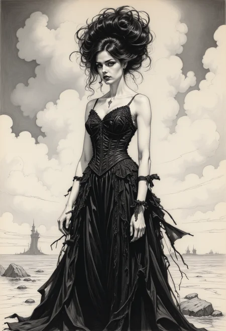 This is a monochrome pencil drawing showcases a striking, dark fantasy aesthetic. The central figure is a young woman with pale skin and long, dark hair that's styled into a high, elaborate updo. Her expression is solemn and intense, with piercing eyes that seem to pierce through the viewer. She wears a flowing, black gothic inspired sleeveless garment with intricate, tattered edges and a high neck giving a sense of movement and fragility. The background is a dramatic and somehow surrealistic and abstract., stormy sky filled with swirling clouds and scattering debris, enhancing the dark, moody atmosphere. The lighting is dramatic, with stark contrasts between light and shadow, creating a high-contrast, almost ethereal effect. The camera angle is low, looking up at the figure, who poses in a highly dynamic three quarter side view. This adds to the sense of grandeur and otherworldliness. The subjective aesthetic quality of the image is very high, with meticulous attention to detail and a compelling, haunting beauty.
<lora:arti_monopencildrawing_v01:1>