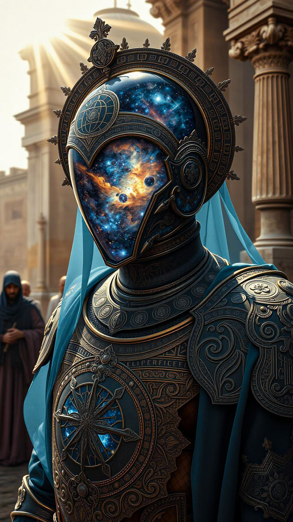 (Hyperreality: 1.3), (Cinematic shooting: 1.3), (Score 9, score 8: 1.3), (Detail: 1.3), (Best quality: 1.3), (High resolution: 1.3), (complex details: 1.3), (refined details: 1.3), photography in the style of detailed hyperrealism oil painting portrait , Astral chimerical entity in byzantine-esque regalia, obsidian and aureate hues, dynamic three-quarter shot. Diaphanous nebulae helmet reveals nebulous cosmic luminescence. Elaborate, tessellated armillary sphere etched onto armor, echoing celestial cartography. Sun-drenched dilapidated temple backdrop with supplicants in ecclesiastic raiment. Accentuate meticulous filigree and ethereal iridescence. Add palpable atmosphere, imbuing air with desiccated antiquity