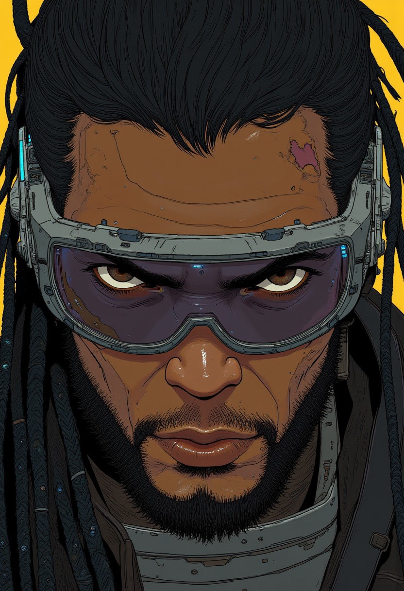 A (closeup portrait:1.4) of a 26 year old African american man. He has long black hair in dread locks tied up. He has a short beard. There is a scar over his left eye. He is wearing a futuristic visor. An angry expression.