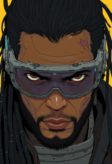 A (closeup portrait:1.4) of a 26 year old African american man. He has long black hair in dread locks tied up. He has a short beard. There is a scar over his left eye. He is wearing a futuristic visor. An angry expression.