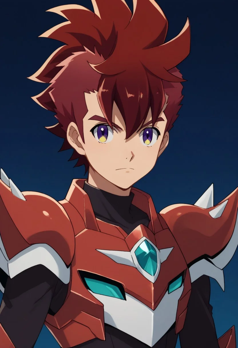 score_9, score_8_up, score_7_up, source_anime, highly detailed,
rekka, 1boy, male focus, solo, upper body, red hair, purple eyes, yellow eyes, looking at viewer, spiked hair, gaist red armor