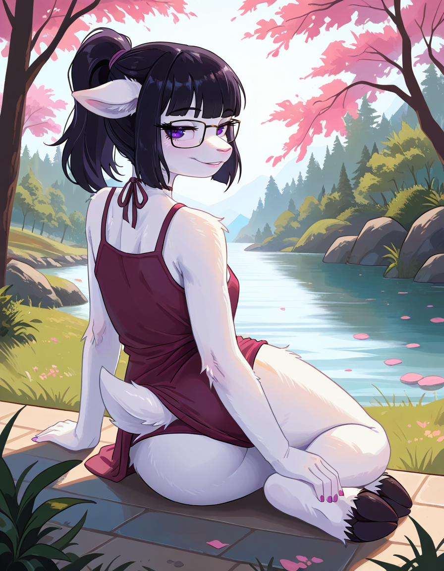 masterpiece, best quality, very aesthetic, absurdres,
outdoors,
full body, seductive smile, parted lips, long eyelashes,
 <lora:Tala_v01_NAIXL:1>
T4l4,1girl,solo,furry,furry female,black hair,animal ears,ponytail,blunt bangs,purple eyes,glasses,snout,animal nose,body fur,white fur,tail,hooves,