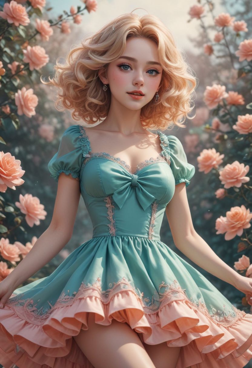 Romantic Rosette dress, (knee shot), full height, low angle shot, (Surreal), (illustration), (Resolution enhancement), (8k), (Very detailed), (Best illustration), (Beautiful and delicate eyes), (best quality), (Super detailed), (masterpiece ), ( wallpaper), (Detailed face),one blonde, curls,(High top fade in and out:1.3), (Smile brightly, bright look), dark theme, soothing tone, pastel colors, high contrast, (natural skin texture, SurrealN;NI, soft light, Impatient),exposure blending, medium shot, Bokeh, (human development report:1.4), high contrast, (Movie, teal and orange:0.85), (pastel colors, fade, soothing tone:1.3), high saturation, (Super detailed:1.2)