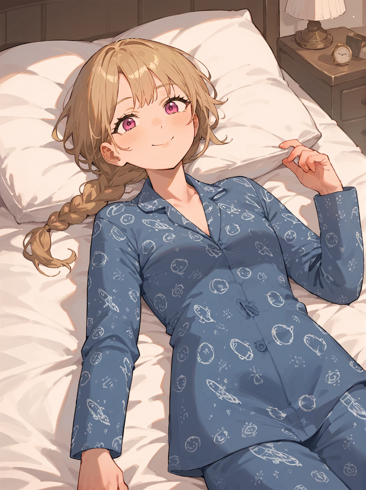 score_8_up, score_7_up, score_6_up, source_anime, 1girl, solo, bedroom, on bed, on back, 
smile, 
<lora:Space_Vector_Pajamas:1>
blue pajamas, long sleeves, pants
