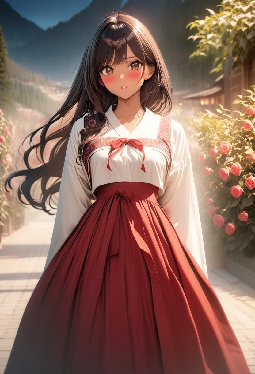 gorgeous lips, cinematic, (masterpiece), (best quality), (ultra-detailed), very aesthetic, illustration, perfect composition, intricate details, absurdres, detailed face, (anime, masterpiece, intricate:1.3), (best quality, hires textures, high detail:1.2), brown eyes,
1girl, tan skin, very long black hair, wavy hair,medium breasts, perfecteyes, 8k, highest quality, ultra details,1girl, solo(,black and red korean style hanbok,:1.4), red hair ribbon, surrounded by roses, standing,night time, rose garden, mountains, mountainous land, touching cheek, pursed lips, cinematic lighting, hair blowing in the wind, hanbok skirt blowing in wind, blush, happy, (from front:1.4), cowboy shot