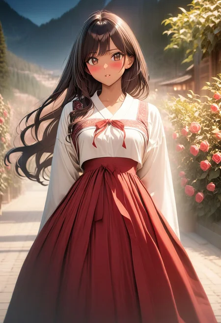 gorgeous lips, cinematic, (masterpiece), (best quality), (ultra-detailed), very aesthetic, illustration, perfect composition, intricate details, absurdres, detailed face, (anime, masterpiece, intricate:1.3), (best quality, hires textures, high detail:1.2), brown eyes,
1girl, tan skin, very long black hair, wavy hair,medium breasts, perfecteyes, 8k, highest quality, ultra details,1girl, solo(,black and red korean style hanbok,:1.4), red hair ribbon, surrounded by roses, standing,night time, rose garden, mountains, mountainous land, touching cheek, pursed lips, cinematic lighting, hair blowing in the wind, hanbok skirt blowing in wind, blush, happy, (from front:1.4), cowboy shot