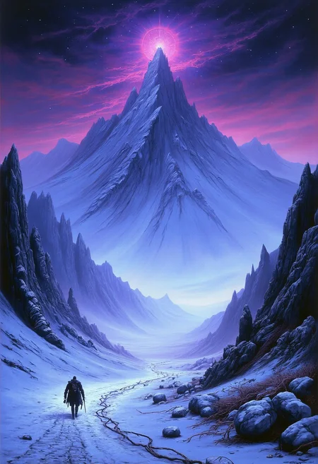 80sdarkfantasylora, oil matte painting, detailed painting, masterpiece, dark starry skies, wires in snow, intricate wiring comes from outside the frame and connects to the glowing sphere up top the peak, colored wires, black skies covered in waves of puprle energy, extremely far away and vast view of a snowy lake and snowy mountains, purple glow from the mountains, from above view, sense of scale, extremely detailed, intense snowstorm, frozen lake that reflects world in a different bright colors, circular energy coming from the tall ice peak in the distance its covering whole picture, cracks in the ice realistic,