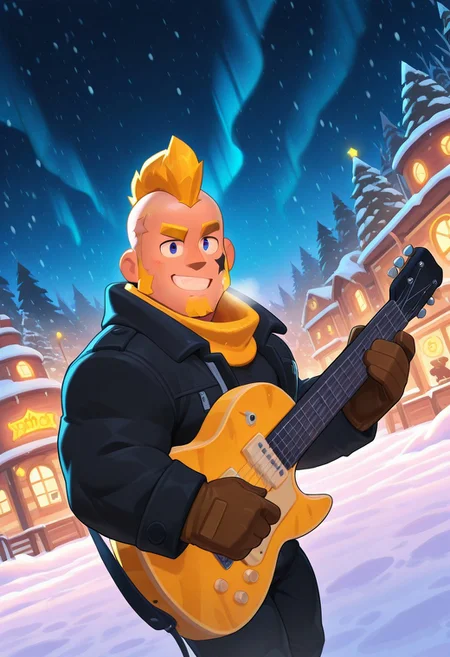 mbti_esfp, very awa, mbtiesfp, 1boy, blonde, short hair, black star on face,, black jacket, (white winter coat), winter scarf, brown gloves, black turtleneck shirt, looking at viewer, smirk, grin, happy, brawlStars, in the amusement park, pants, portrait, half body, upper body, blue eyes, shaved mohawk, source_cartoon, 2d, bara, manly, muscular, 3/4 view, night sky, aurora in the sky, snow, playing guitar, {{holding red electric guitar}}, in the concert, ((floating colorful muscial notes)), snowstorm, Side View, Pec focus, left view, warm lighting, with people walking background, {{colorful glowing musical notes}}, yellow eyebrows, yellow chin hair, facial hair, dutch angle, winter forest trees, city nightscape, colorful neon lights, {{yellow goatee}}, highlight, highlighted eyes, brwlstrs