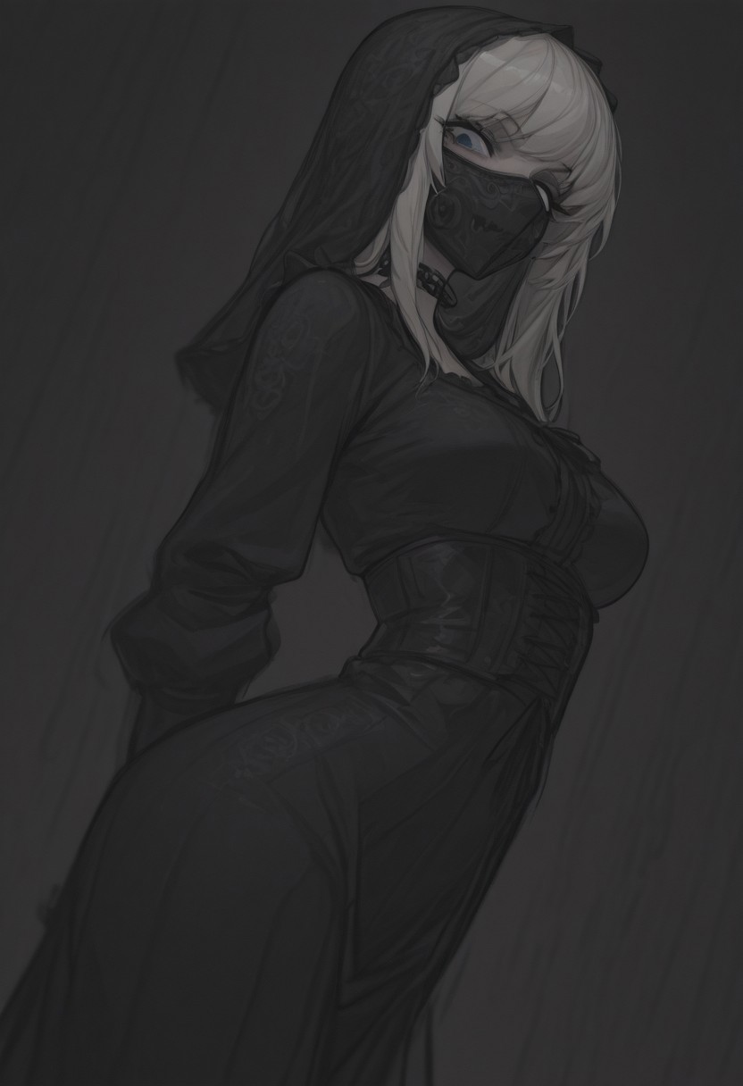 masterpiece, 8K, depth of field, focused subject, best quality,newest, absurdes, 1girl, solo, platinum blonde with black hair tint, highlighted hair, blue eye, white eye, lace mouth veil, steel mouth mask, chain choker, martial art master, prisoner, female warrior, east traditionalism through cyberpunk aesthetic, sharp focus demonstrate dangerous female character, main antagonist of story, sexy and deadly, look at viewer, grunge background, gradient, high contrast, sharp focus, mysteri ambience, victorian steampunk aesthetic, dutch angle, low angle shot, from side, black sundress, lace, frills, dark theme, gothic, sensuam, seamless, shading, sketch art style, sharp focus, arsmjstyle,