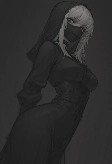 masterpiece, 8K, depth of field, focused subject, best quality,newest, absurdes, 1girl, solo, platinum blonde with black hair tint, highlighted hair, blue eye, white eye, lace mouth veil, steel mouth mask, chain choker, martial art master, prisoner, female warrior, east traditionalism through cyberpunk aesthetic, sharp focus demonstrate dangerous female character, main antagonist of story, sexy and deadly, look at viewer, grunge background, gradient, high contrast, sharp focus, mysteri ambience, victorian steampunk aesthetic, dutch angle, low angle shot, from side, black sundress, lace, frills, dark theme, gothic, sensuam, seamless, shading, sketch art style, sharp focus, arsmjstyle,