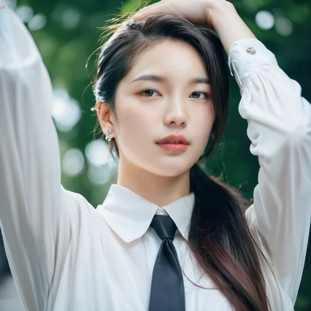 <lora:NamikoPonySRV203:1>, :Namiko, <lora:add-detail-xl:0.5>, [5]a stunning real medium breasts Korean woman with long, flowing dark hair, her piercing gaze directly addressing the viewer. score_9, score_8_up, score_7_up, 4k, high quality, (best quality:1.1), realistic, photorealistic, close-up, upper body, (ultra HD quality details), High Fashion, A highly detailed, realistic digital photo of a Korean woman 28yo with a pale complexion, emphasizing her enigmatic and mystical aura,, high resolution, rich textures, and contemplative mood. Her eyes are a deep piercing and  brown, dynamic, dramatic, haute couture, elegant, ornate clothing, dark straight hair with a few loose strands framing her face, against a cyan gradient background, Realistic photograph, Movie light, film grain, skirt, necktie, shirt, blurry background, white shirt, blurry, black hair, outdoors, black necktie, grey skirt, collared shirt, ponytail, shirt tucked in, pencil skirt, long sleeves, arm up, lips, long hair, brown eyes, brown hair,