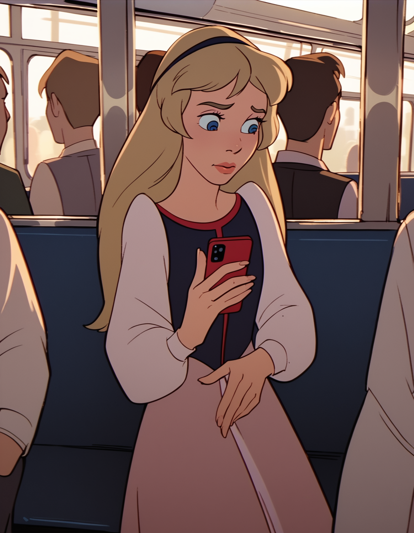 score_9,  score_8_up, score_7_up <lora:eilonwy-ponyxl-000050:1> eilonwy, dress, hairband,
1girl, solo, train interior, smartphone, sunset