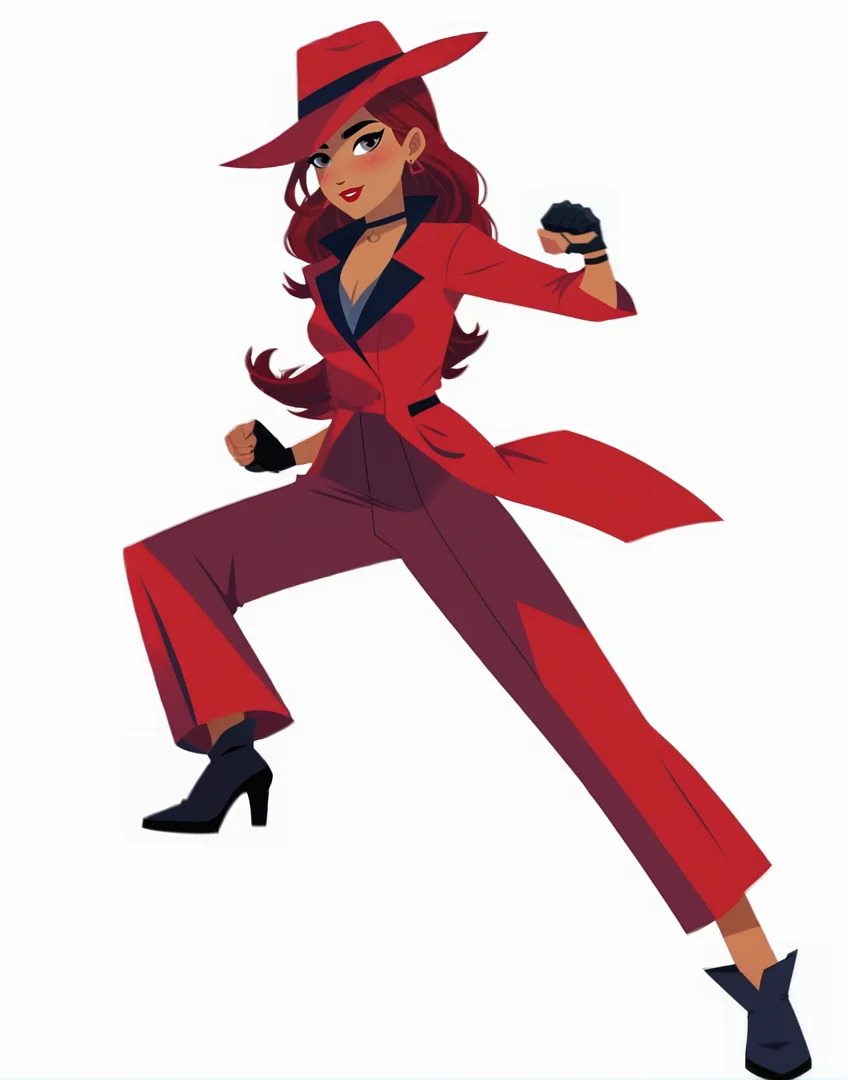 score_9, score_8_up, score_7_up, score_6_up, score_5_up, score_4_up, 
((vector artstyle, flat color:1.8, source_cartoon, pencil sketch, 2d, no lineart:1.8, minimalism)), BREAK. 
(((fighting stance:1.8, kicking))), 
choker, black gloves, cowboy hat, red headwear, long coat, red coat, black footwear, high heels, BREAK.
indoors, blush, light smile, looking at viewer, BREAK. 
<lora:CarmenSandiego:1>, skinny, petite, 1girl, solo, dark skin, dark-skinned female, grey eyes, red hair, long hair, earrings, jewelry, red lips
