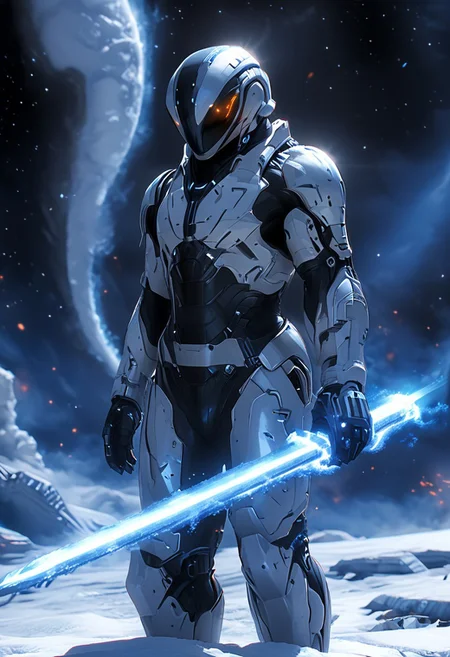 (score_9, score_8_up, score_7_up) SilverPulse, high quality photo of a penguin wearing high-tech space armor in silvers blacks and whites, a clear helmet, standing on a massive starship in space and preparing for battle, Holding Plasma Sword