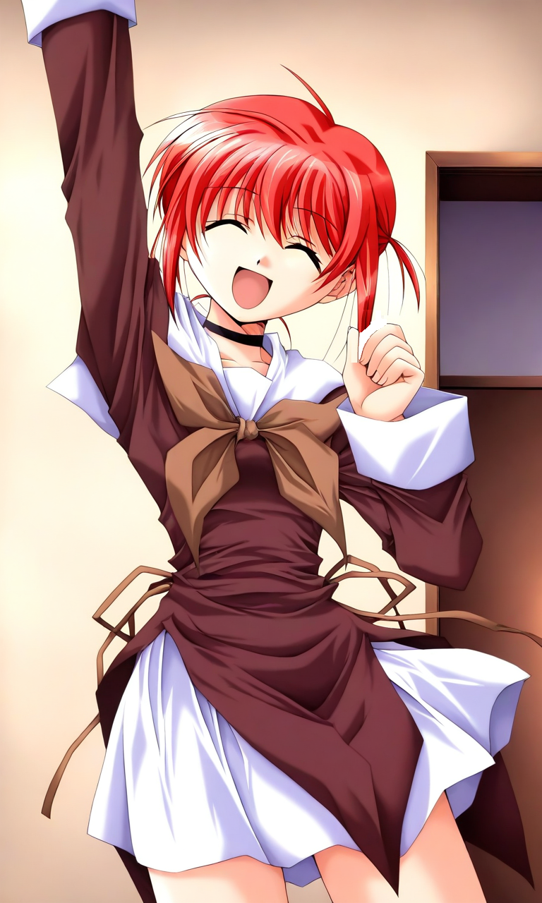 general,highres, ultra-detailed,very aesthetic,best quality ,best hands, BREAK  <lora:Hiroba_Mahiru_Negapoji_Ver2.0_IS:1>
Hiroba_Mahiru(Negapoji), 1boy, solo, red hair, closed eyes, short hair, ahoge, bangs, black choker,
open mouth, long sleeve, white skirt, brown sleeve, smile, brown ribbon, cowboy_Shot, 
:d, arm up,
indoor, room,