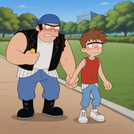 source_cartoon, score_9, score_8_up, score_7_up, High Quality, 2boys, body difference, break
torvald, 1boy, blue bandana, brown hair, black eyes, unibrow, thick eyebrow, big body, blue pants, black leather boots, red sleeveless shirt, black sleeveless jacket, open jacket, break
1boy, Black hair, Black eyes, short hair, Black eyebrows, thin, white shirt, blue pants, white tennis shoes, freckles, blushing,break
holding hands, nervous, park, grass, blue sky, sunny,