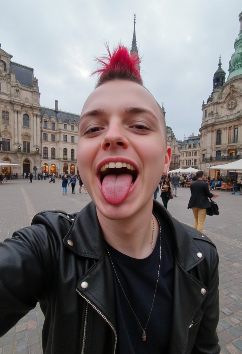 photo selfie of a punk man on a town square, sticking his tongue out, red mohawk, leather jacket with studs <lora:mobile-000081:1>