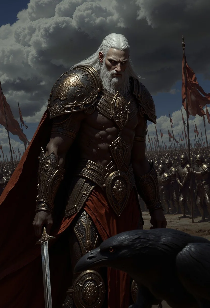 dark fantasy illustration, (highly detailed, intricately detailed), masterpiece, 8k, HDR, best quality, (highly detailed skin), magnificent celtic goddess of war leading troops to battle, raven, full body shot, menacing pose, dynamic scene, action pose, pale skin, celtic tattoos, ceremonial armor, armor decoration, determination, sword, shore