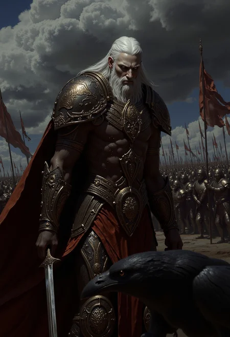 dark fantasy illustration, (highly detailed, intricately detailed), masterpiece, 8k, HDR, best quality, (highly detailed skin),  magnificent celtic goddess of war leading troops to battle, raven, full body shot, menacing pose, dynamic scene, action pose, pale skin, celtic tattoos, ceremonial armor, armor decoration, determination, sword, shore