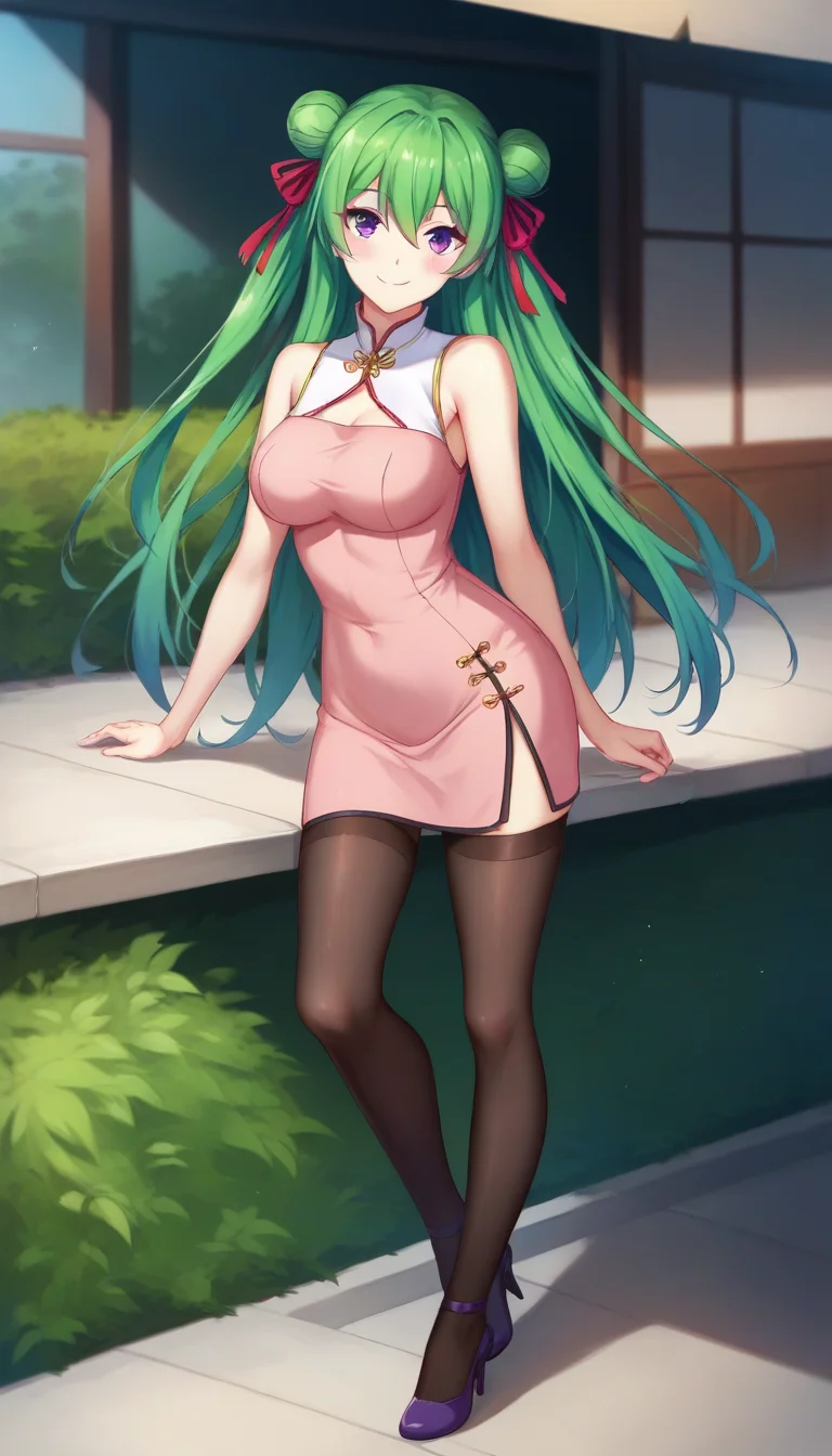 score_9,score_8_up,score_7_up,score_6_up BREAK official art,solo,outdoors,upper body,(portrait:1.5),looking at viewer,facing viewer,smile,blush,Bai Mongfa,very long hair,green hair,double bun,hair ribbon,red ribbon,hair between eyes,parted bangs,purple eyes,chinese clothes,china dress,sleeveless dress,pink dress,bare shoulders,medium breasts,black thighhighs,zettai ryouiki,high heels,purple footwear,<lora:Bai Mongfa(rf)-Pony:1.4>,