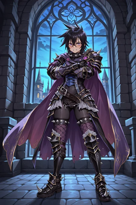 masterpiece, very aesthetic, absurdres, best quality, amazing quality, high resolution, <lora:illustrious_quality_modifiers_masterpieces_v1:0.8> , <lora:ChamIllustriousBackgroundEnhancer:0.5>, <lora:LeonIL:0.8> , LeDef, 1boy, purple eyes, scar on forehead, spiked hair, black hair, spiked collar, spikes, spiked armor, shoulder spikes, armor, black armor, faulds, purple faulds, gauntlets, black gauntlets, cape, purple cape, black bodysuit, bodysuit under clothes, spiked belt, greaves, black greaves, spiked shoes, spiked thighhighs, purple thighhighs, full body, angry, night, bloodstained armor, castle, ramparts, window, medieval city, crossed arms,