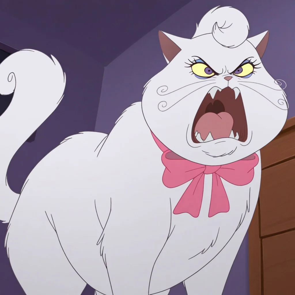 masterpiece, best quality, amazing quality, official style, p0mp0m, female, furry female, (feral), solo, cat, short hair, white fur, blue eyelids, eyelashes, yellow sclera, purple eyes, pink nose, whiskers, sharp teeth, busy tail, paw pads, obese, pink bow, standing, angry, open mouth, indoors, living room
