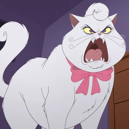 masterpiece, best quality, amazing quality, official style, p0mp0m, female, furry female, (feral), solo, cat, short hair, white fur, blue eyelids, eyelashes, yellow sclera, purple eyes, pink nose, whiskers, sharp teeth, busy tail, paw pads, obese, pink bow, standing, angry, open mouth, indoors, living room