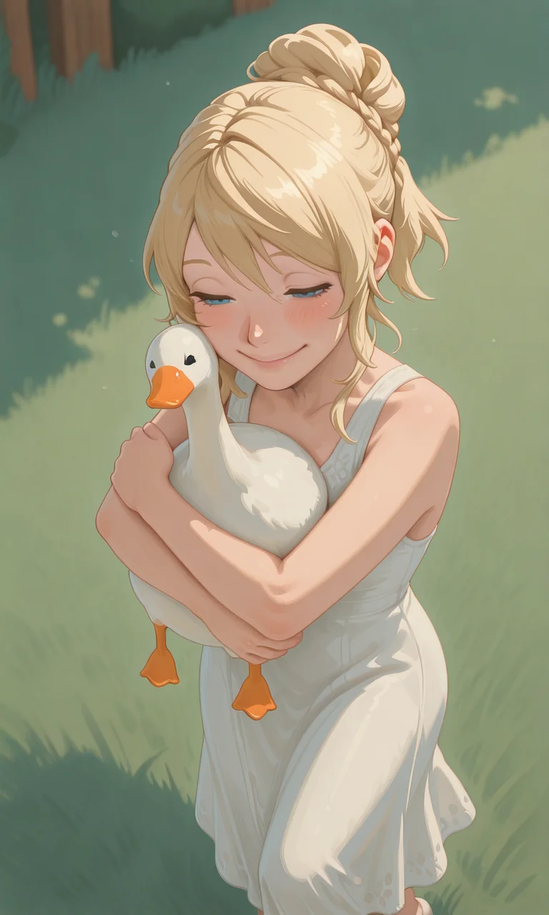 embedding:IllusP0s, g00se, from above, Lunafreya Nox Fleuret, blonde hair, hair up, braid, asymmetrical bangs, sleeveless dress, white dress, blue eyes, hugging goose, hug, 1girl, solo, loving, smile,<lora:g00se_v2_ill.safetensors:1.0:1.0> <lora:Lunafreya_Nox_Fleuret_ill.safetensors:1:1>