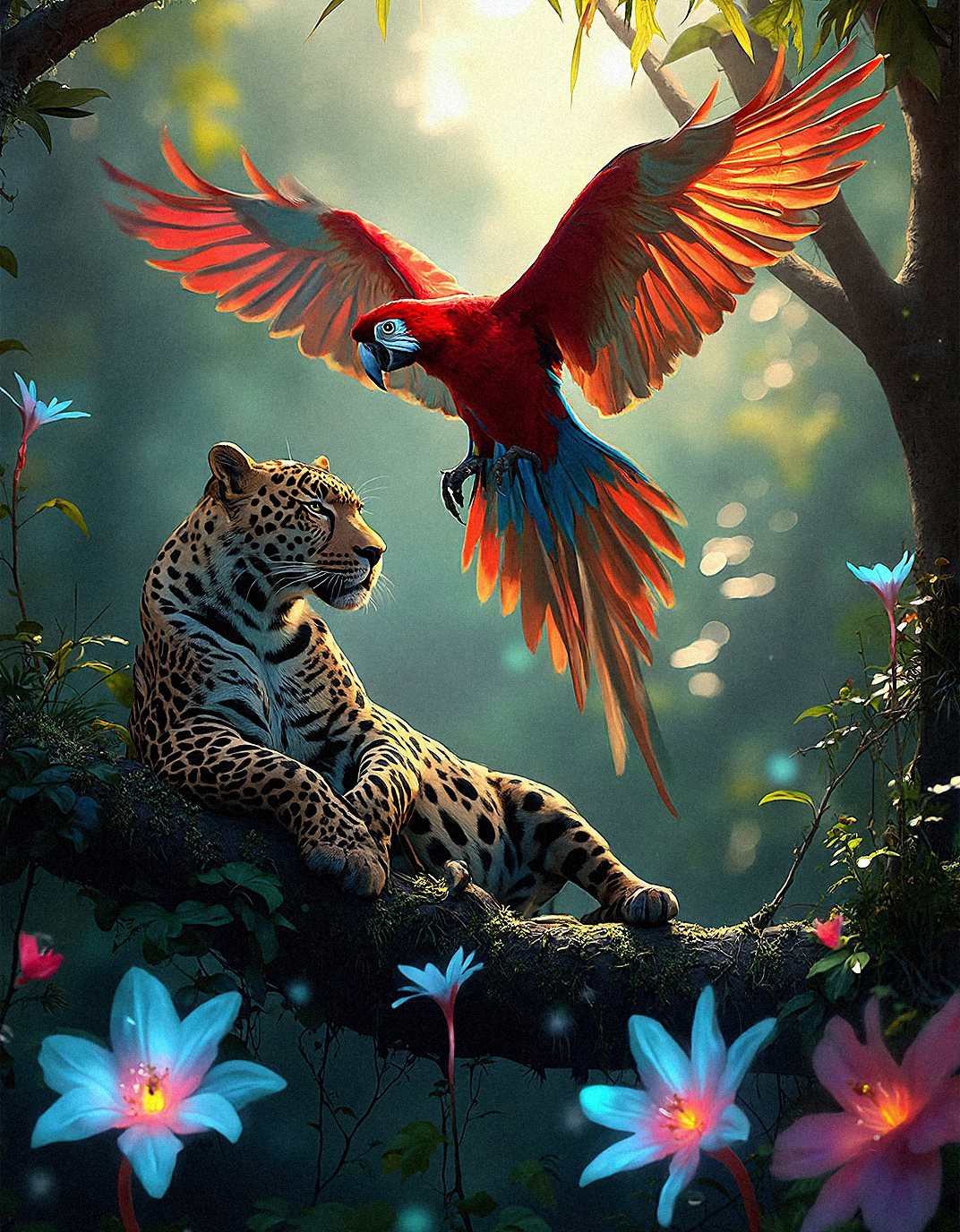  a hyper-realistic image of a vibrant jungle where a Scarlet Macaw flies above a relaxed leopard, amidst a scattering of glowing, enchanted flowers. The macaw’s wings are fully extended, with each feather detailed and catching the sunlight, which enhances the reds, blues, and yellows in a vibrant display. The leopard is positioned on a sturdy branch, with its limbs draped over and its eyes partially closed, as if enjoying the peaceful surroundings. The jungle foliage is lush and green, but interspersed with ethereal flowers that glow with an inner light, casting hues of blue, pink, and purple that seem to shimmer in the twilight.

The glowing flowers should appear almost otherworldly, with petals that look translucent and emit a gentle, ambient light. The interplay of natural sunlight and the soft glow from the flowers creates a dynamic and harmonious blend of realism and fantasy. The background should fade into a soft blur, giving a sense of depth while maintaining the focus on the central subjects. The scene should evoke a sense of magical realism, capturing the beauty of the natural world with an added layer of fantasy that makes the jungle feel enchanted and alive with mystical energy.


