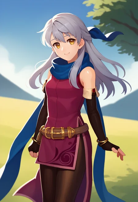 score_9, score_8_up, score_7_up, source_anime, solo, 1girl, micaiahdef, smile, looking at viewer, grey hair, half updo, hair ribbon, red dress, sleeveless dress, side slit, belt, black gloves, elbow gloves, fingerless gloves, black pantyhose, blue scarf, bracelet, bangle, bare shoulders, outdoors <lora:fireemblem_micaiah_ponyXL:1>