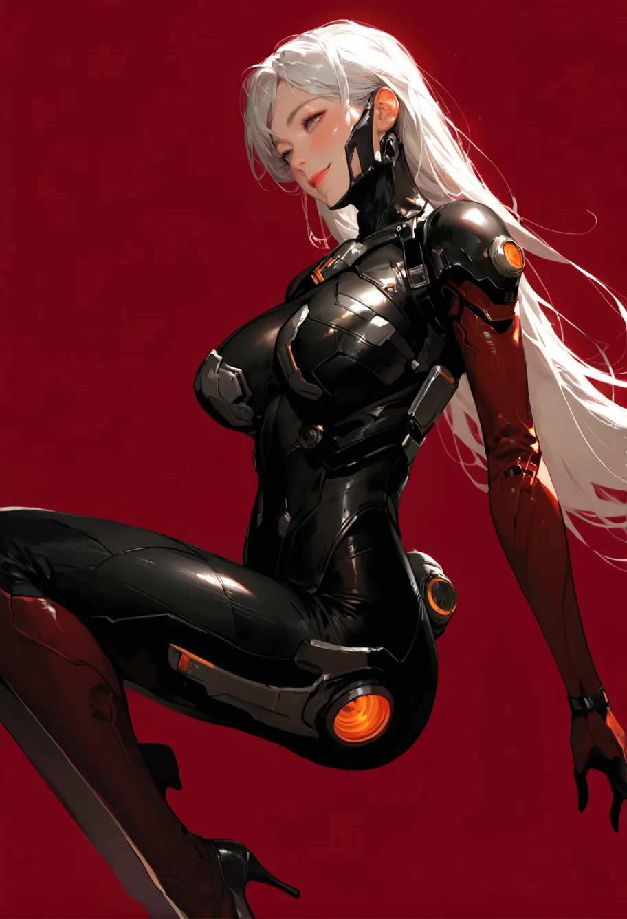 1girl,solo,red background,,ruanyi0868,bodysuit,science fiction,skin tight,
cuteg,white hair,long hair,high heels,<lora:0868 Arasaka Agent suit_v1_pony:1>, score_9, score_8_up, score_7_up, score_6_up, score_9, score_8_up, score_7_up, score_6_up source_anime, blush, 1girl, seduce smile, perfect body , natural huge breasts