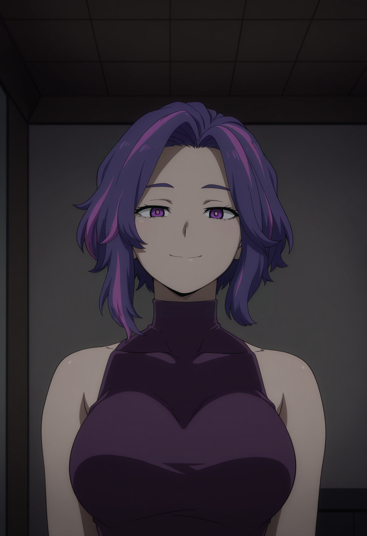 1girl,solo,mm,mature female,purple hair,multicolored hair,short hair,purple eyes,anime coloring,
sleeveless,shirt,bare shoulders,turtleneck dress,looking at viewer, indoors, smile, upper body, straight-on, 
,masterpiece,best quality,amazing quality,<lora:Lady_Nagant-My_Hero_Academia:0.8>