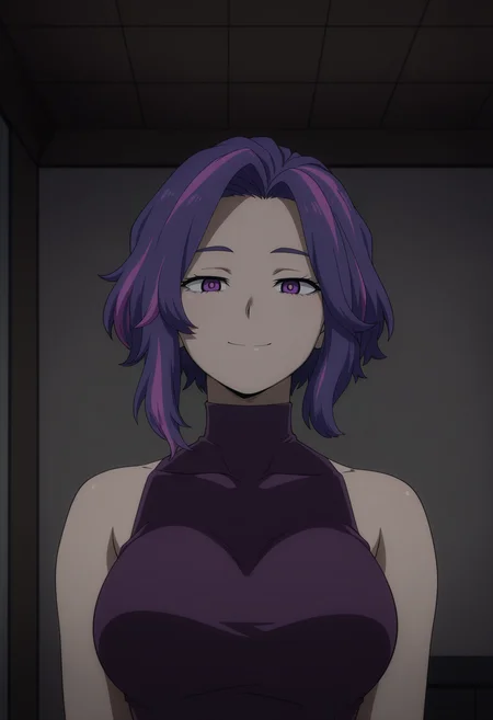 1girl,solo,mm,mature female,purple hair,multicolored hair,short hair,purple eyes,anime coloring,
sleeveless,shirt,bare shoulders,turtleneck dress,looking at viewer, indoors, smile, upper body, straight-on,
,masterpiece,best quality,amazing quality,<lora:Lady_Nagant-My_Hero_Academia:0.8>