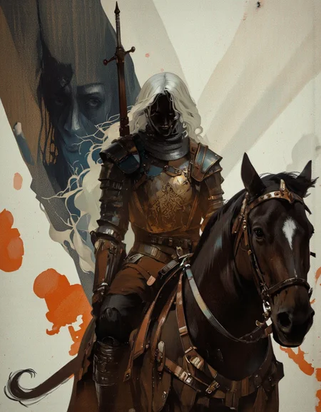Art by Richard Anderson. A digital illustration shoot from a low angle about a mysterious figure with long white hair, wearing armor and holding a sword, positioned in the middle of the image. the figure appears to be a warrior, with a serious expression. the background is abstract with a mix of light and dark colors, and the image has a grungy texture with splashes of orange and brown. on the left side of the figure, a shadow is visible, and on the right side, a dark-skinned warrior is positioned. the warrior is wearing a brown armor with intricate patterns, and has a sword strapped to their back. the knight is sitting on a horse, with the horse's mane and tail flowing in the wind. the overall mood is dark and mysterious.