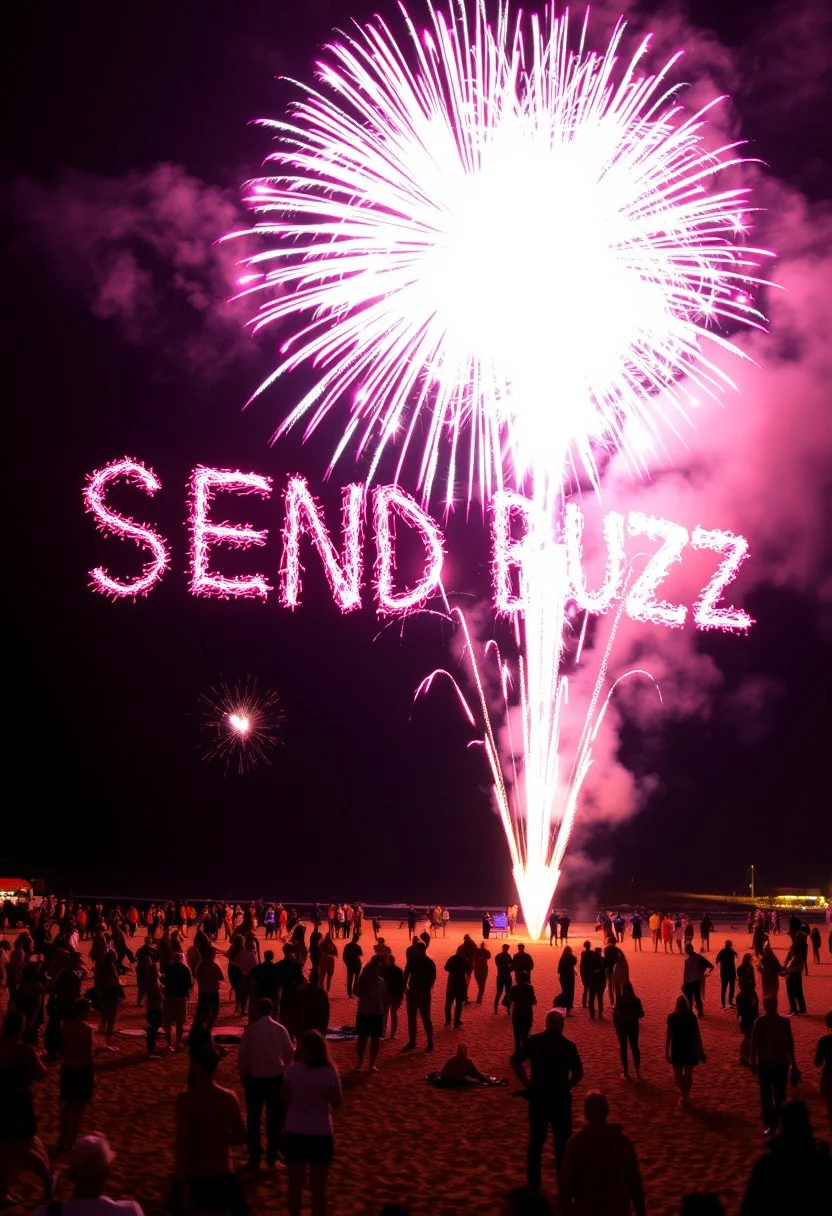 a colorful fireworks display on the beach, a crowd of people watching as the phrase SEND BUZZ is formed as the fireworks explode in the sky. (EXTREMELY DETAILED)